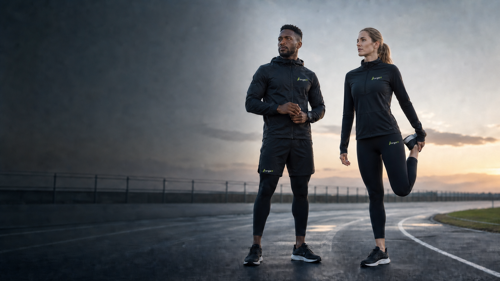 A Black male athlete and white female athlete preparing for an early morning training session